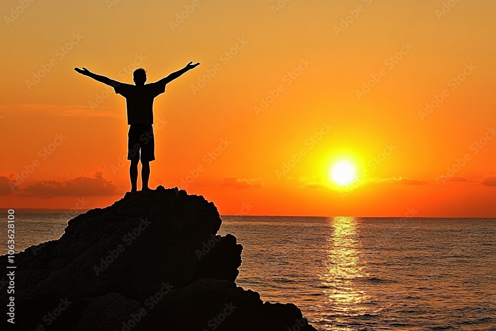 Silhouette of a Man on a Rock at Sunset Over the Sea Silhouette of a Man on a Rock at Sunset Over the Sea
