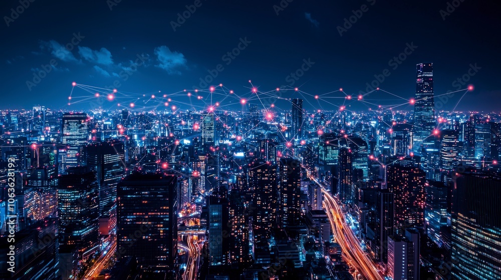An urban cityscape is portrayed in this image with a digital network connecting the skyline, highlighting advancements in technology and communication infrastructure. An urban cityscape is portrayed in this image with a digital network connecting the skyline, highlighting advancements in technology and communication infrastructure.