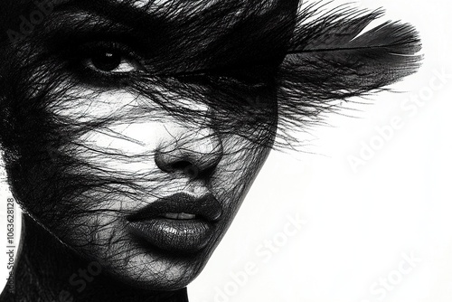 Black-and-white photography of a beautiful woman with a black feather on her face