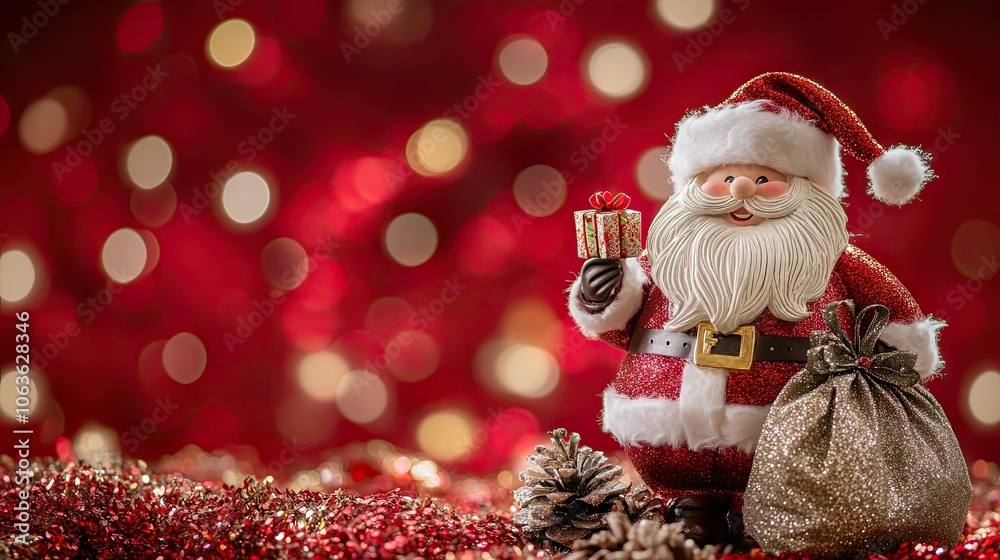Santa with a festive gift bag and a small gift box in hand, smiling warmly, isolated on a bright background for a holiday vibe.
