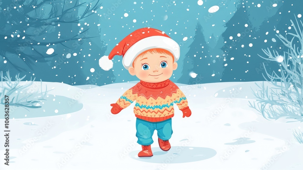 cute little boy walks in winter forest illustration