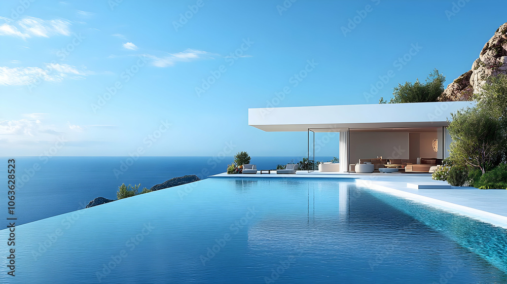 Fototapeta premium Modern House With Infinity Pool Overlooking Ocean - 3D Illustration