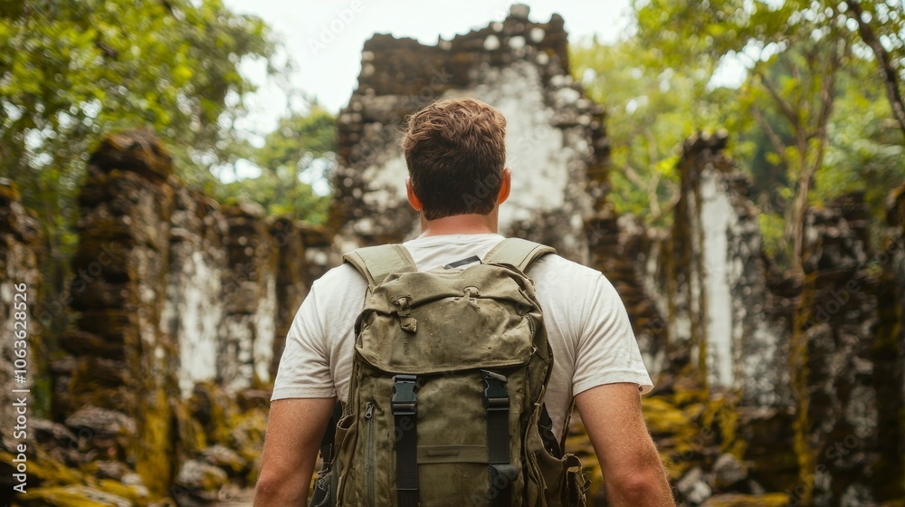 Adventurous Traveler at Ancient Ruins in Nature Adventurous Traveler at Ancient Ruins in Nature
