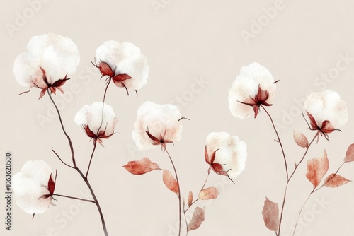 seamless watercolor pattern of cotton flowers on beige background for printing on fabric or wallpaper