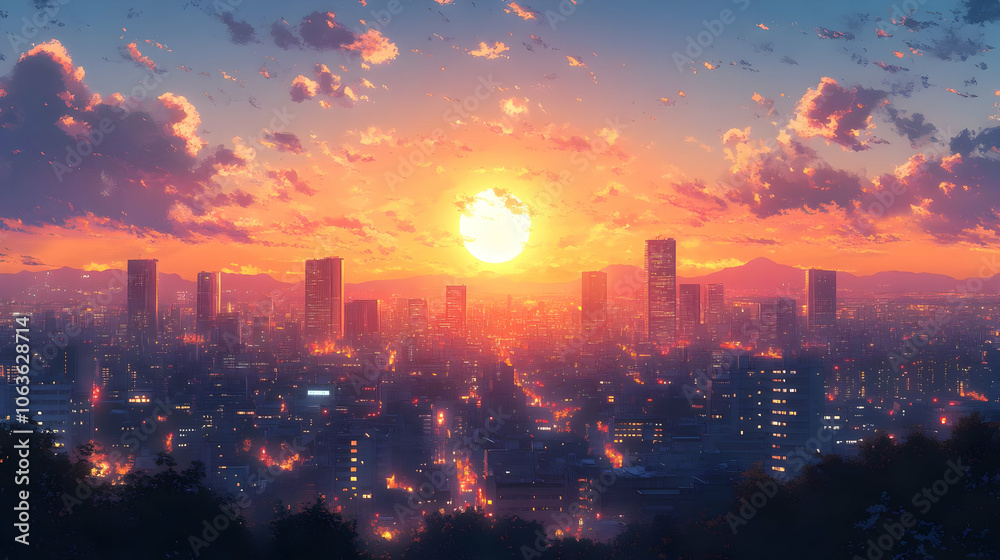 Obraz premium Cityscape Illustration with Sunset and Clouds