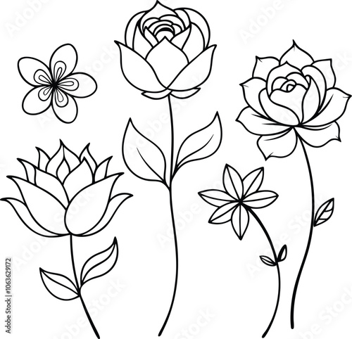 Set of single black one line drawing floral pattern concept. Continuous line draw design graphic vector