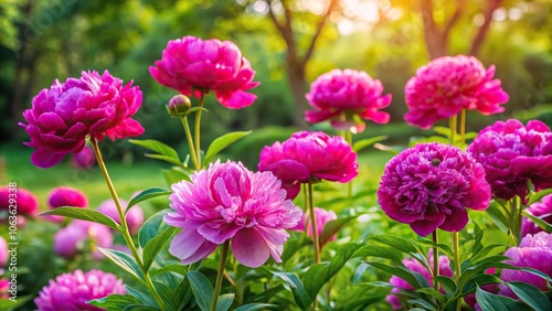 Fototapeta Naklejka Na Ścianę i Meble -  Vibrant peony flowers in a lush garden surrounded by greenery and tall stems, lush greenery, peonies