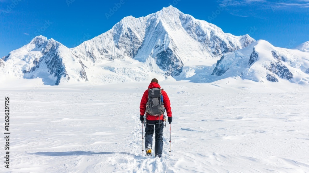 Explorer Climbing a Snow-Covered Ridge in Vast Landscape Explorer Climbing a Snow-Covered Ridge in Vast Landscape