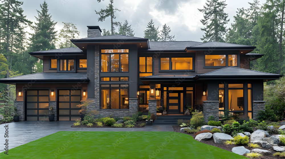 Naklejka premium Modern House with Stone Facade and Large Windows - Photo