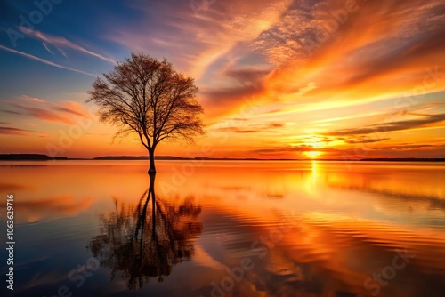 Warm orange hues dominate the sky as a solo tree stands tall in front of a vast, tranquil lake at sunset, evening landscapes, serene, tranquility, natural light