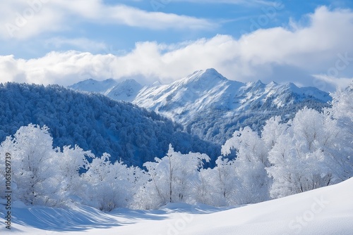 Majestic snow-covered mountains rise against a bright clear blue sky, surrounded by frosted trees and natural beauty.