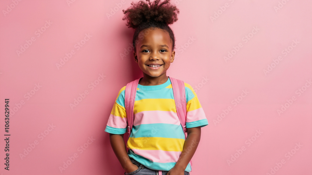 Cheerful Girl in Colorful Stripes: Back-to-School Excitement for September Marketing Campaigns Cheerful Girl in Colorful Stripes: Back-to-School Excitement for September Marketing Campaigns