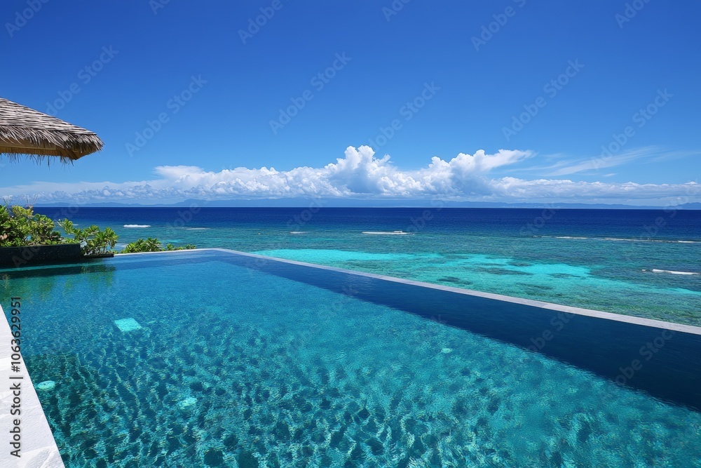 Fototapeta premium A luxurious infinity pool stretches seamlessly into the vibrant azure ocean and clear blue sky, offering a breathtaking view and a sense of boundless freedom and escape.