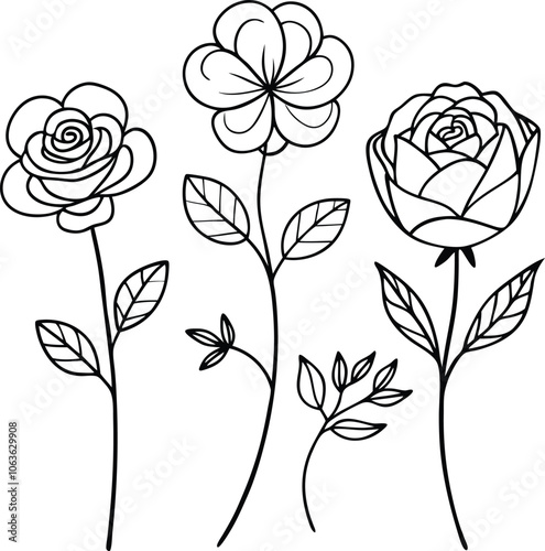 Set of single black one line drawing floral pattern concept. Continuous line draw design graphic vector