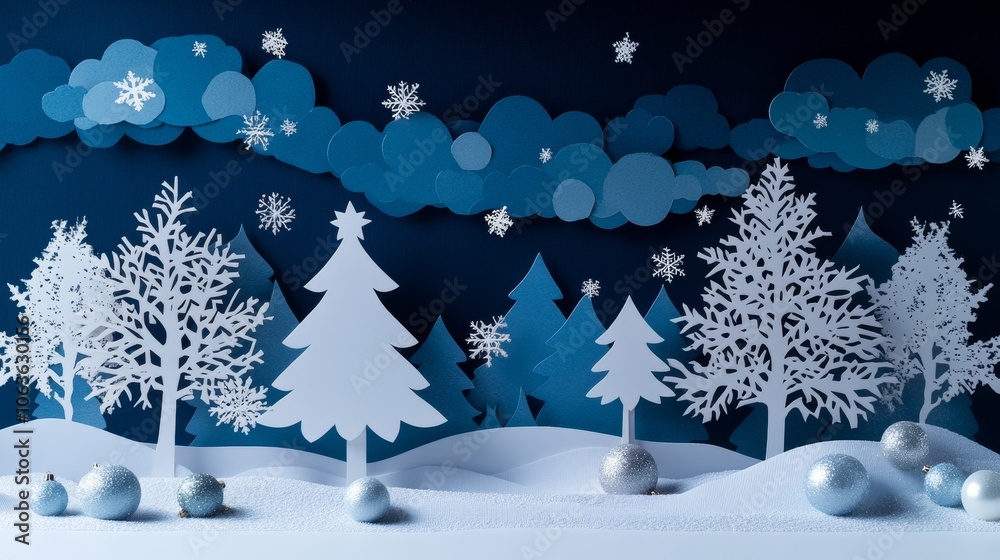 A serene winter landscape with paper cutouts of trees and snowflakes against a dark blue background. A serene winter landscape with paper cutouts of trees and snowflakes against a dark blue background.