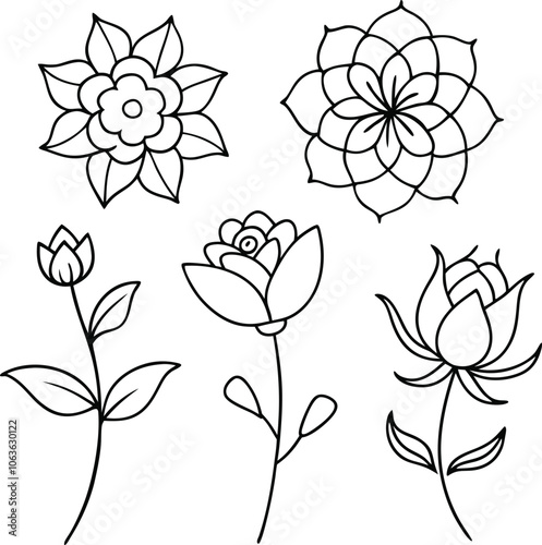 Set of single black one line drawing floral pattern concept. Continuous line draw design graphic vector