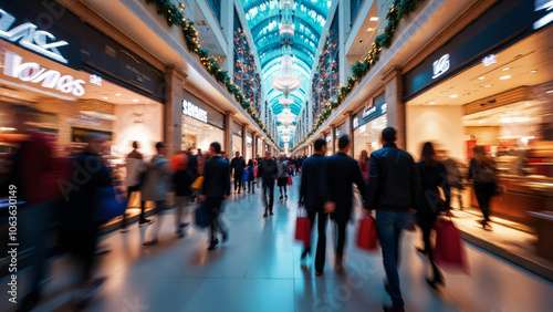 Vibrant Black Friday Shopping Frenzy: Abstract Blur of Diverse Shoppers in Bustling Mall - Perfect for Retail Marketing