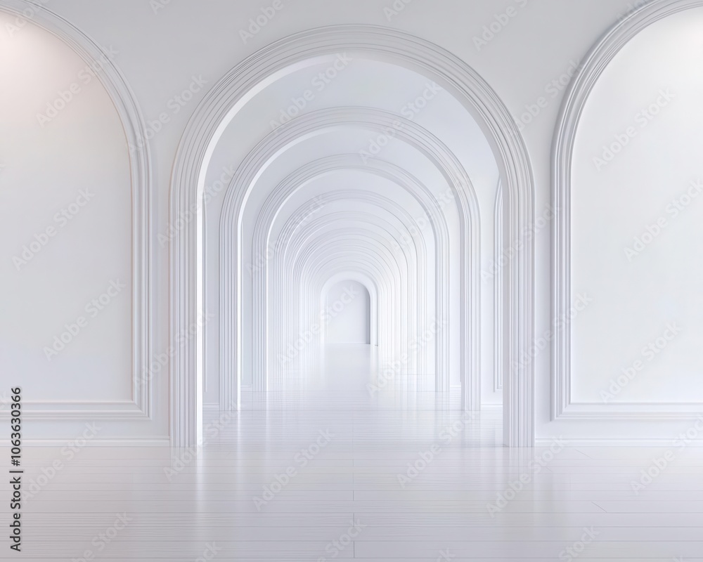 Arched hallway with classic wainscoting, soft lighting, polished floors, modern classic transition Arched hallway with classic wainscoting, soft lighting, polished floors, modern classic transition