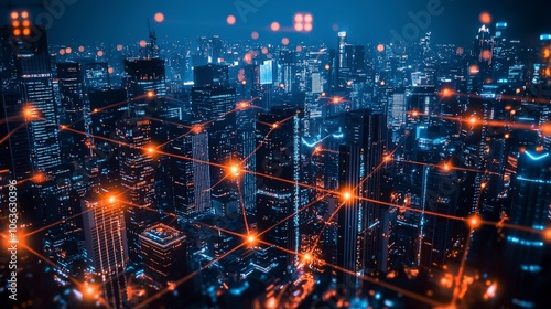 An intricate network of illuminated buildings and interconnected city lights, depicting an energetic urban landscape, thriving with connectivity and power.