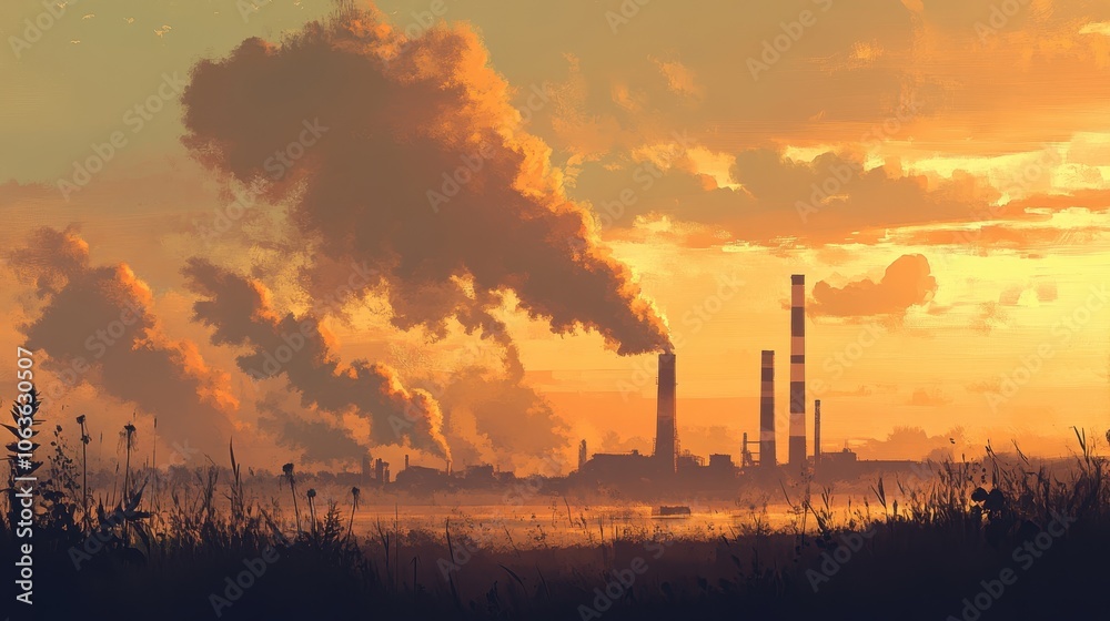 A polluted scene with thick smoke rising from factory chimneys, clouding the sky and symbolizing the damaging impact of greenhouse gases on the environment. A polluted scene with thick smoke rising from factory chimneys, clouding the sky and symbolizing the damaging impact of greenhouse gases on the environment.