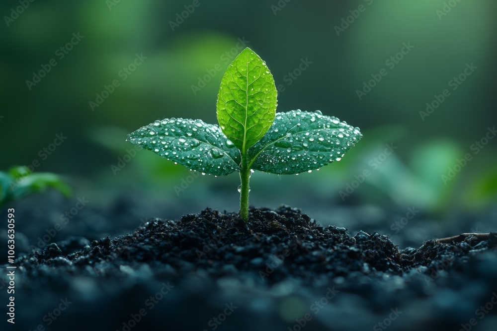 Vibrant green seedling emerging from dark soil with dewdrops Vibrant green seedling emerging from dark soil with dewdrops
