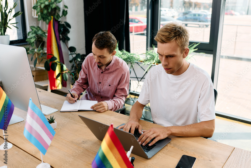 A handsome gay couple collaborates in an inspiring office, showcasing their creative energy. A handsome gay couple collaborates in an inspiring office, showcasing their creative energy.