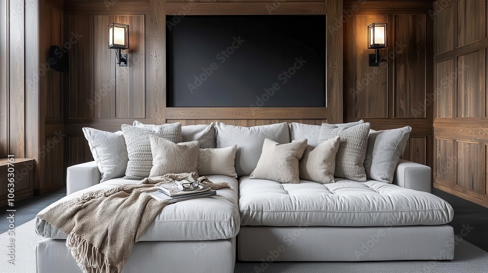 Fototapeta premium Home theater room with plush seating, wall sconces, dark paneling, modern classic entertainment