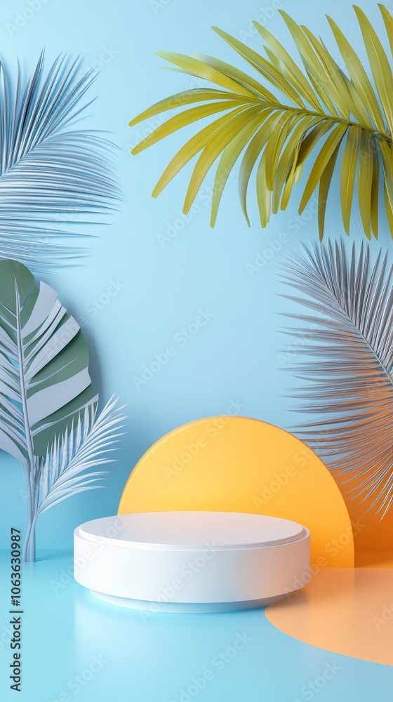 A minimalist scene featuring tropical leaves and a circular pedestal against a colorful background. A minimalist scene featuring tropical leaves and a circular pedestal against a colorful background.