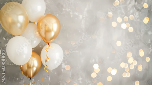 Festive balloons and confetti on white background 