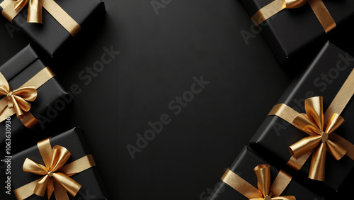 Luxurious Black Gift Boxes with Golden Bows on Dark Background: Perfect for Black Friday Promotions and Holiday Marketing photo