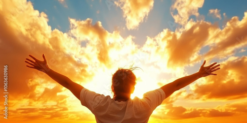 Woman with arms raised high in the sky, bathed in golden sunset light.