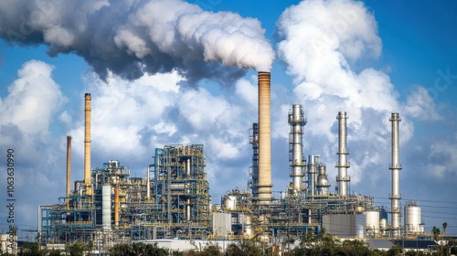 ndustrial facility with large smokestacks emitting dark smoke into the atmosphere, the hazy sky reflecting the adverse environmental impact of emissions.