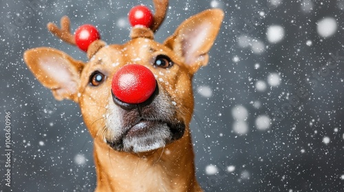 Dog wearing reindeer antlers and a red nose, snowy background, festive spirit. photo