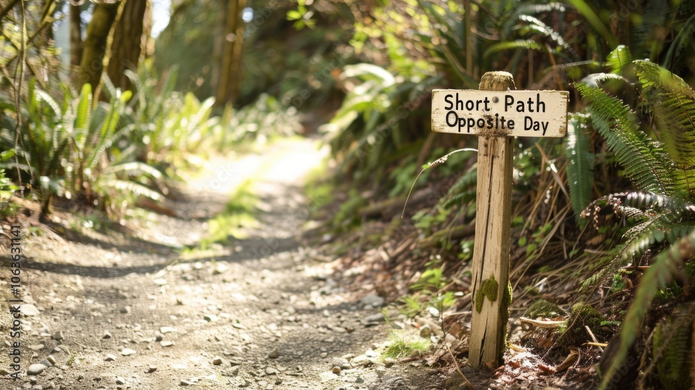 Serene forest trail with humorous signpost on a sunlit path,Opposite Day Serene forest trail with humorous signpost on a sunlit path,Opposite Day