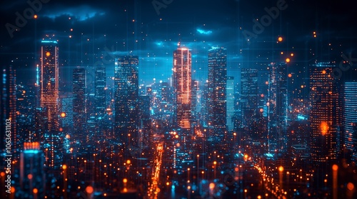 A cityscape glows with vibrant orange and blue lights, highlighting the pulsating energy and harmony of infrastructure within a night sky filled with digital light nodes.