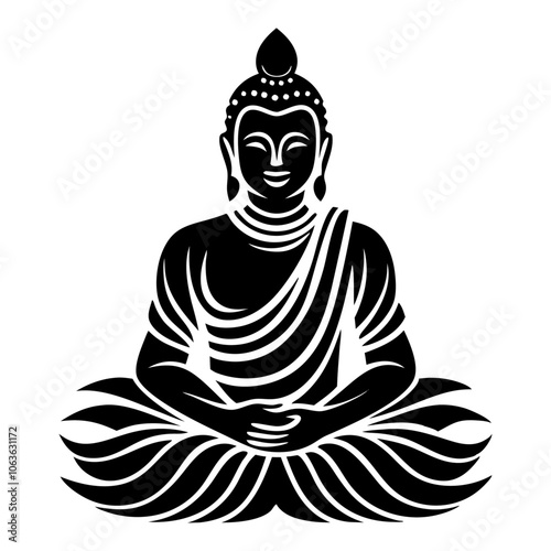 Buddha silhouette of meditating buddah statue. black and white flat style isolated buddha sitting in lotus position. Vector illustration