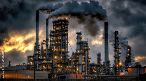 ndustrial plant with towering smokestacks releasing dark, heavy smoke, creating a gloomy, polluted scene that reflects the environmental toll of emissions. photo