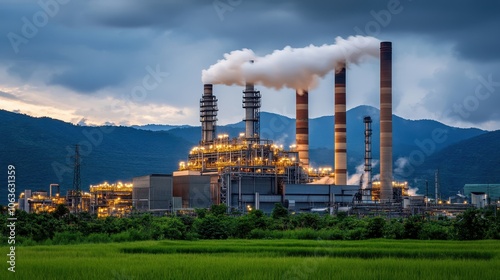 ndustrial plant with towering smokestacks releasing dark, heavy smoke, creating a gloomy, polluted scene that reflects the environmental toll of emissions. photo