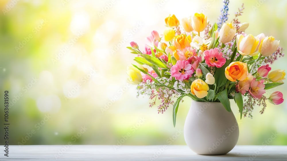 Bright spring bouquet in white vase with nature backdrop Bright spring bouquet in white vase with nature backdrop