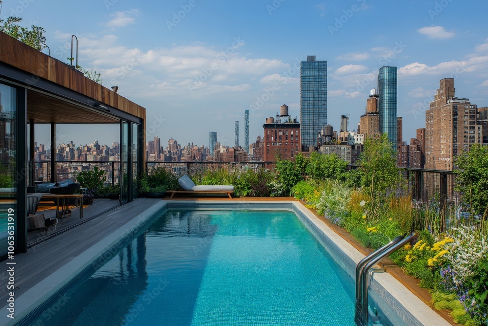 Obraz premium A vibrant rooftop pool nestled in lush landscaping offers spectacular views of an urban city skyline, providing a serene and stylish oasis within the bustling environment.