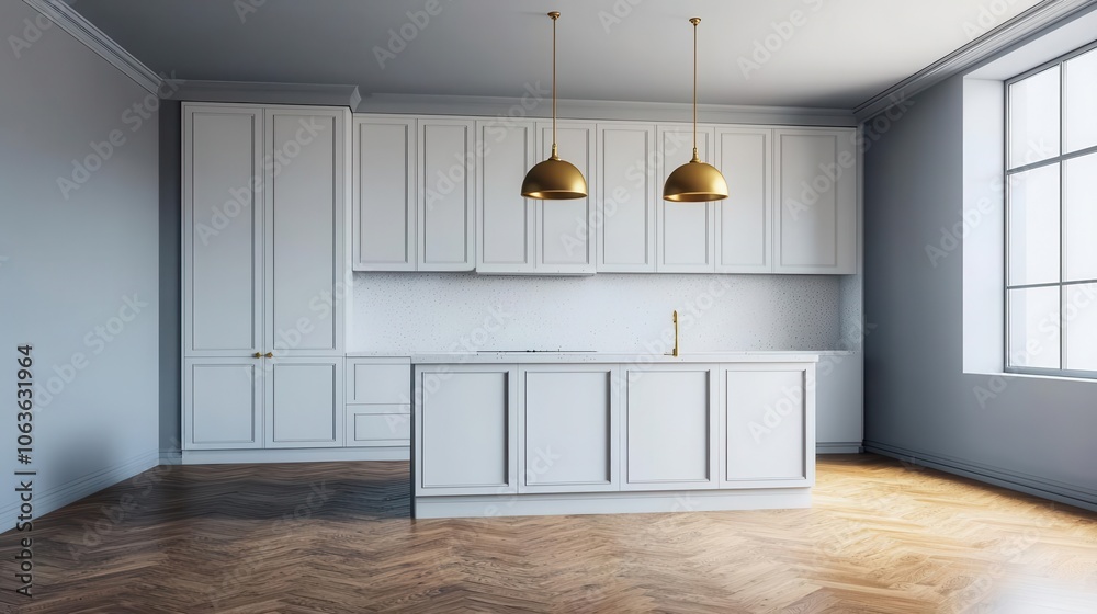 Fototapeta premium Kitchen with white cabinets, gold fixtures, large island, highend finishes, modern classic refinement