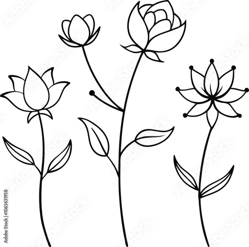 Set of single black one line drawing floral pattern concept. Continuous line draw design graphic vector