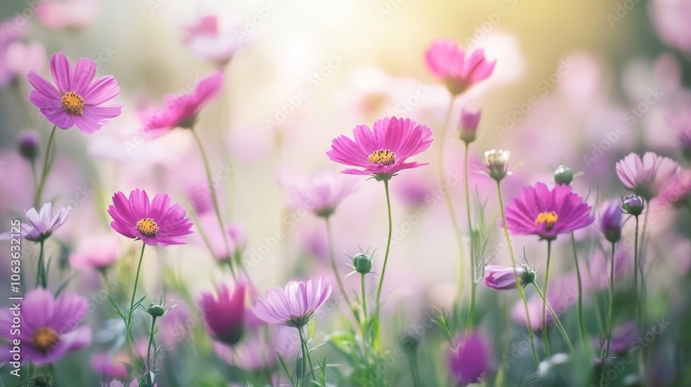 A vibrant field of pink flowers basking in soft sunlight, creating a serene and joyful atmosphere. A vibrant field of pink flowers basking in soft sunlight, creating a serene and joyful atmosphere.