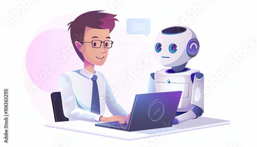 Illustration d'un homme au travail avec un compagnon robot fonctionnant avec l'intelligence artificielle