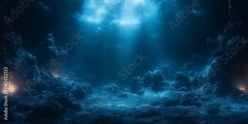 Mysterious Deep-Sea Underwater Landscape with Rocks and Blue Light Rays