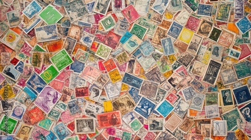 A surface densely covered with international postage stamps, filling every inch of the frame with their vibrant colors, unique designs, and cultural diversity.