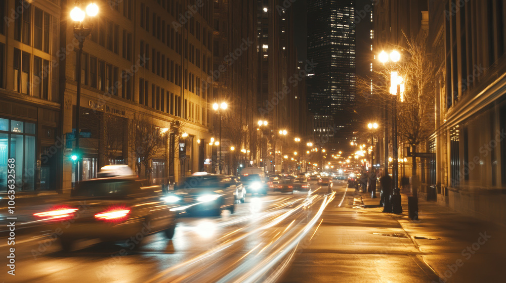 Capture a photo of a bustling city street at night with motion blur, where the headlights and taillights of cars create streaks of light that add a dynamic energy to the scene. Capture a photo of a bustling city street at night with motion blur, where the headlights and taillights of cars create streaks of light that add a dynamic energy to the scene.