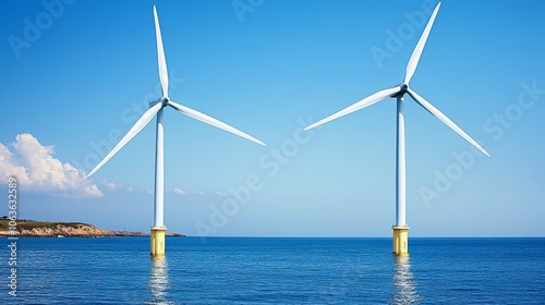 Two wind turbines stand in the ocean, representing renewable energy and sustainability.