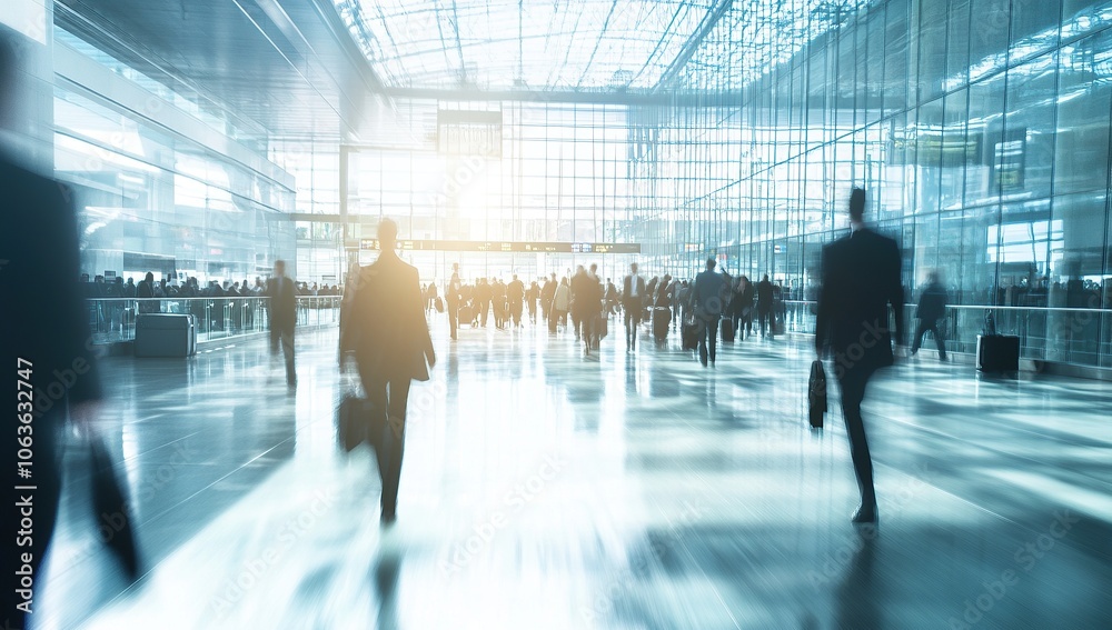 Bright, bustling scene of people walking through the airport with motion blur. Bright, bustling scene of people walking through the airport with motion blur.