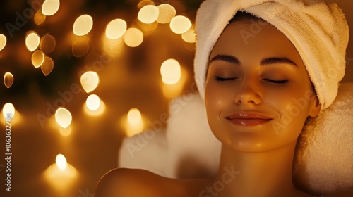 A serene woman enjoying a spa treatment with candles and soft lighting for relaxation.